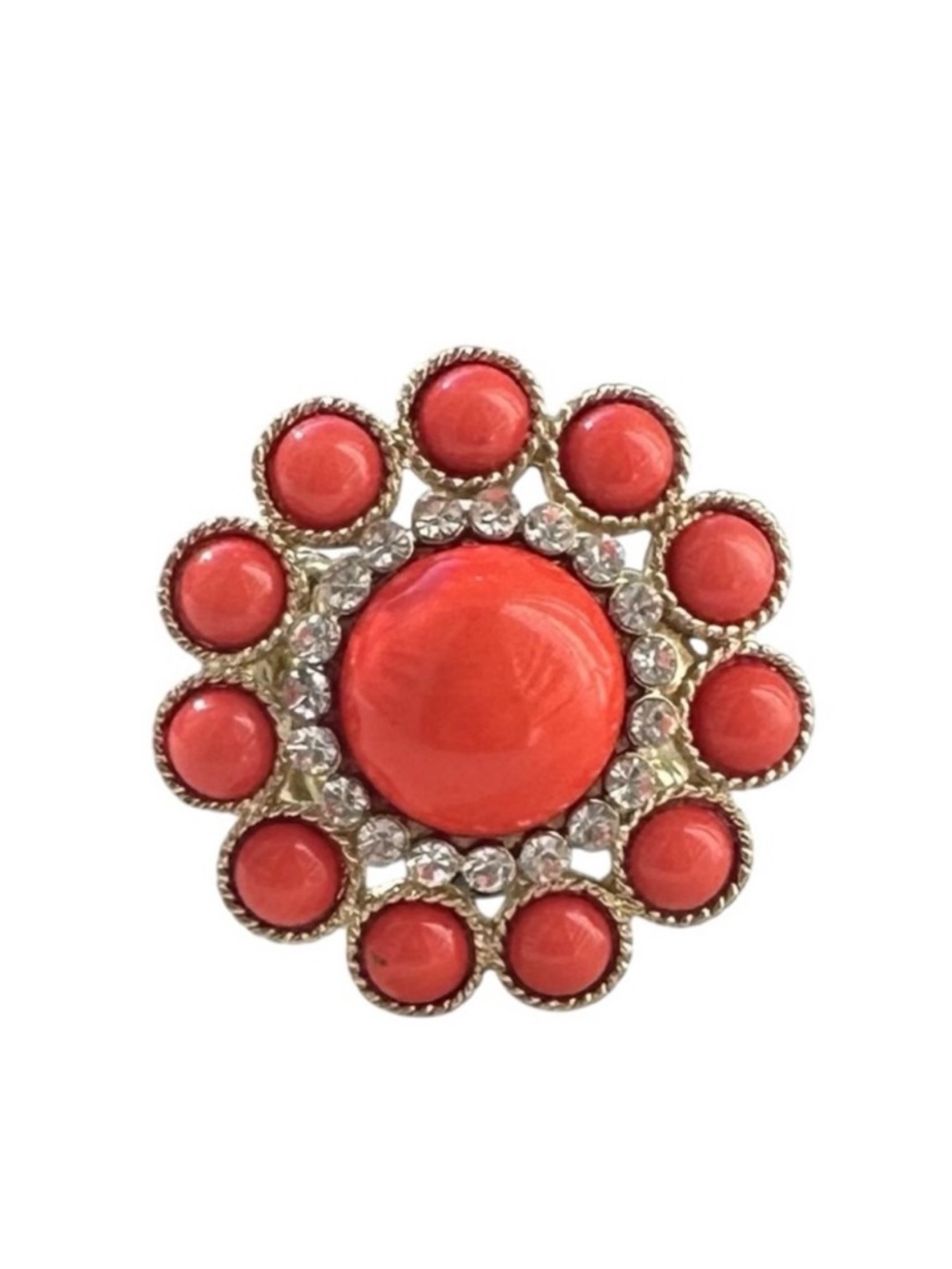 Sequin Goldtone Coral Cluster Statement Ring with Rhinestone Halo